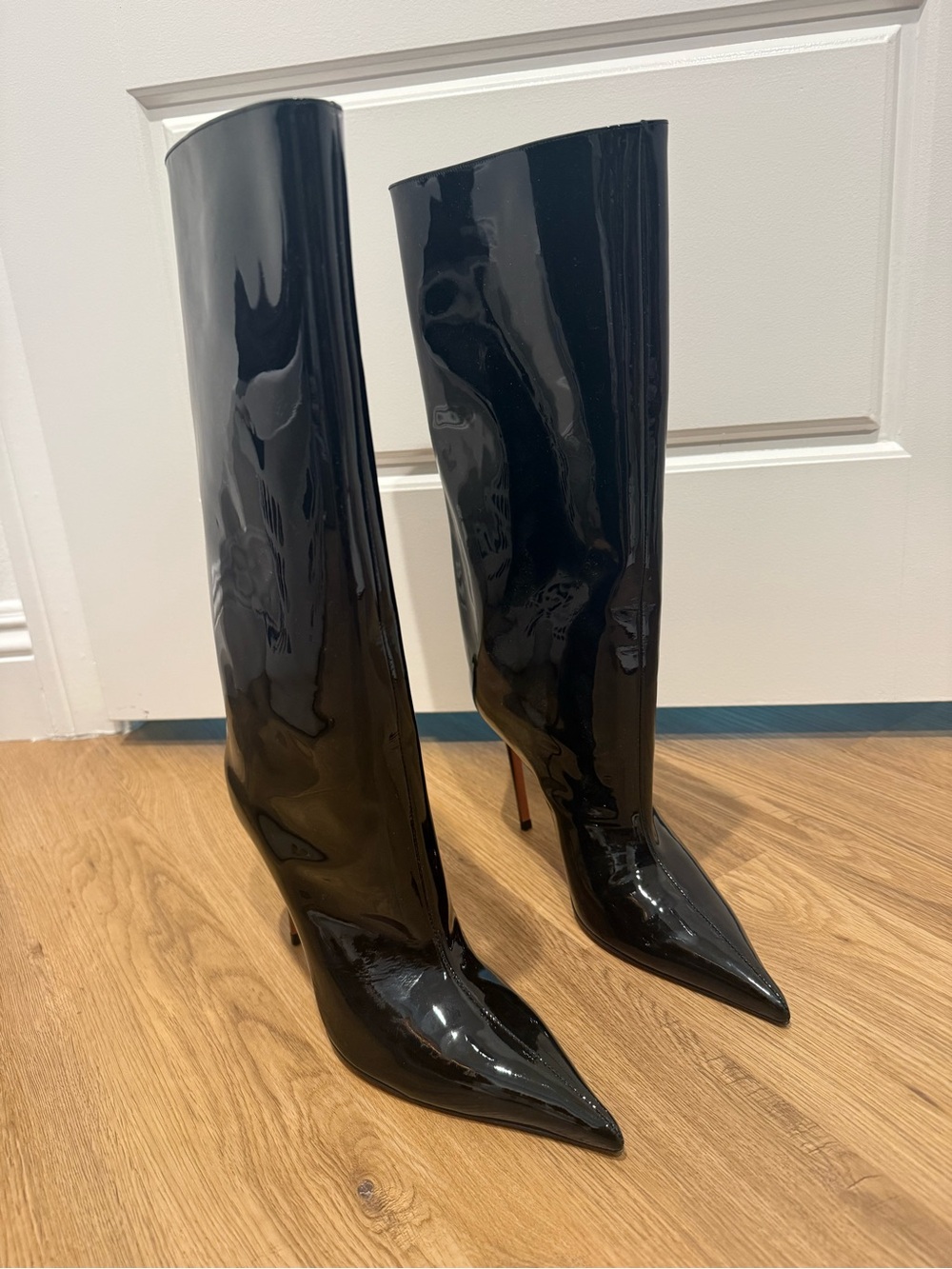 Amina Muaddi FIONNA Black Patent Pointed Knee-High Stiletto Boots